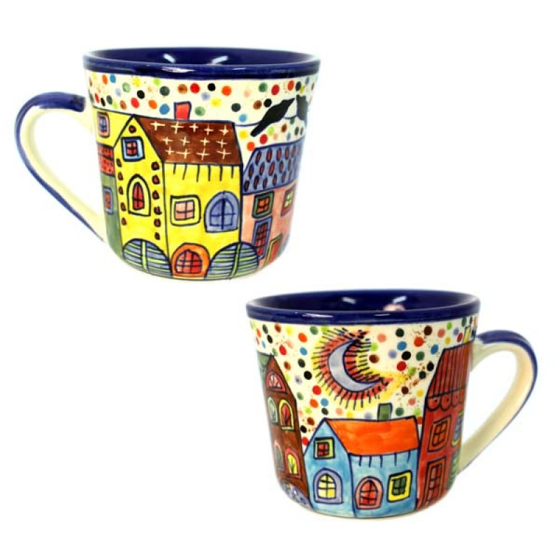 Bunte Keramiktasse mit Stadtmotiv handbemalt